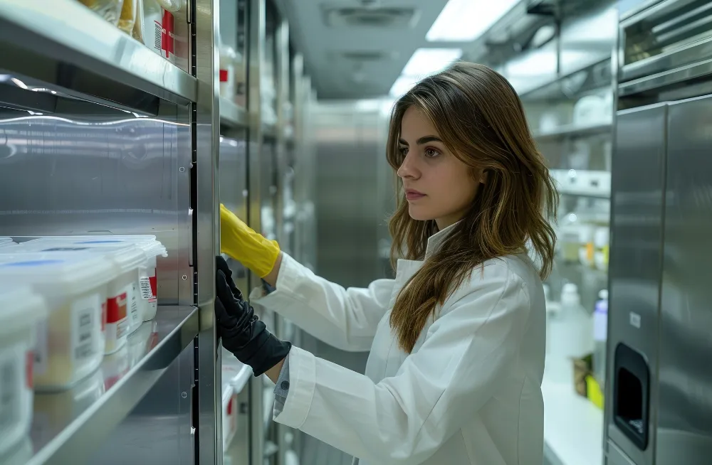 Technician performing maintenance on food storage chiller, ensuring proper temperature control for safe storage.