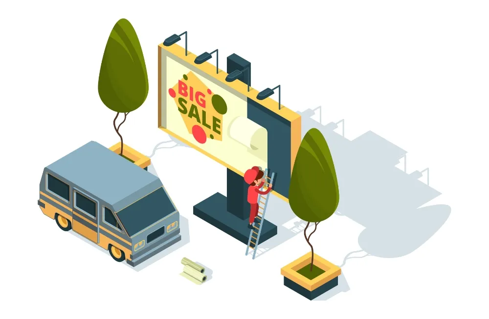 Technician fixing outdoor billboard sign board in Dubai with van support